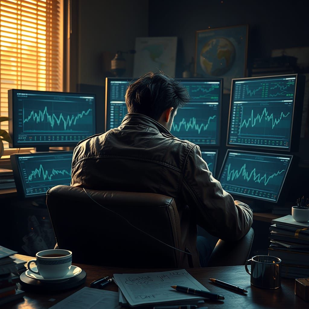 Trader in Intense Morning Analysis, Surrounded by Futuristic...