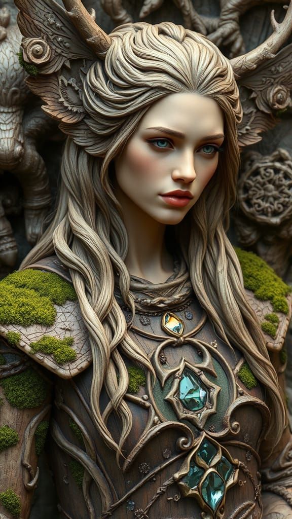 Druid Priestess in Wood Armor with Crystals