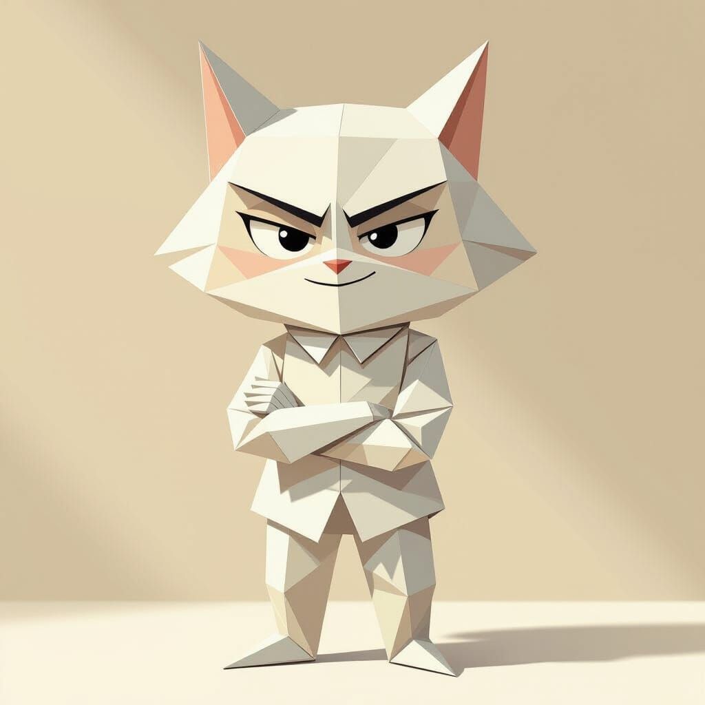 Origami Character with Mischievous Smirk, Detailed Paper Tex...