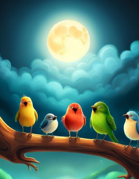 Birds on Branch in Storybook Style