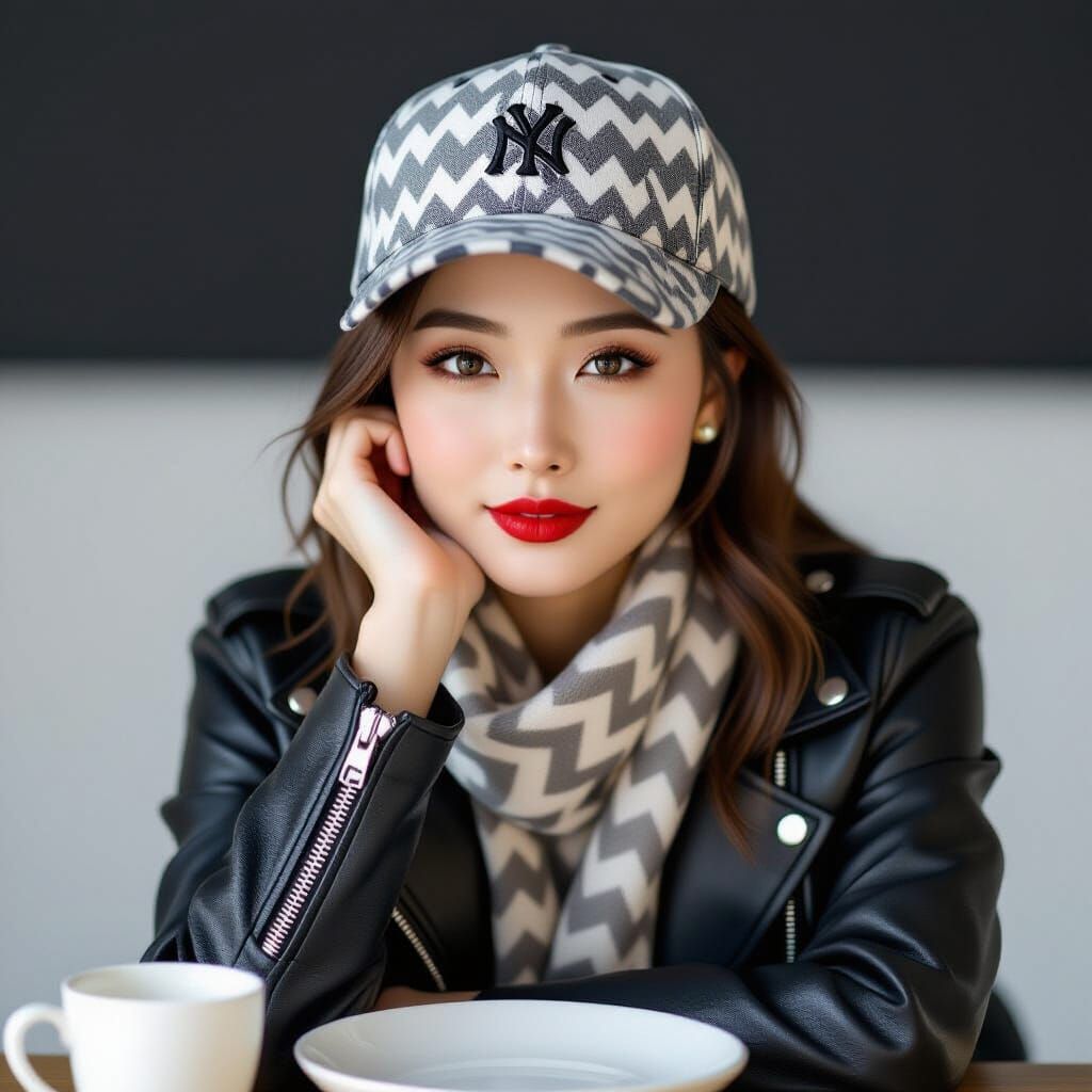 Young Asian Woman in Leather Jacket and Baseball Cap