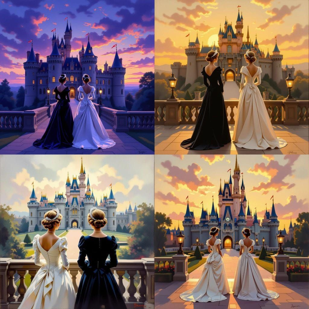 Royal Figures Admire Historic Castle Architecture