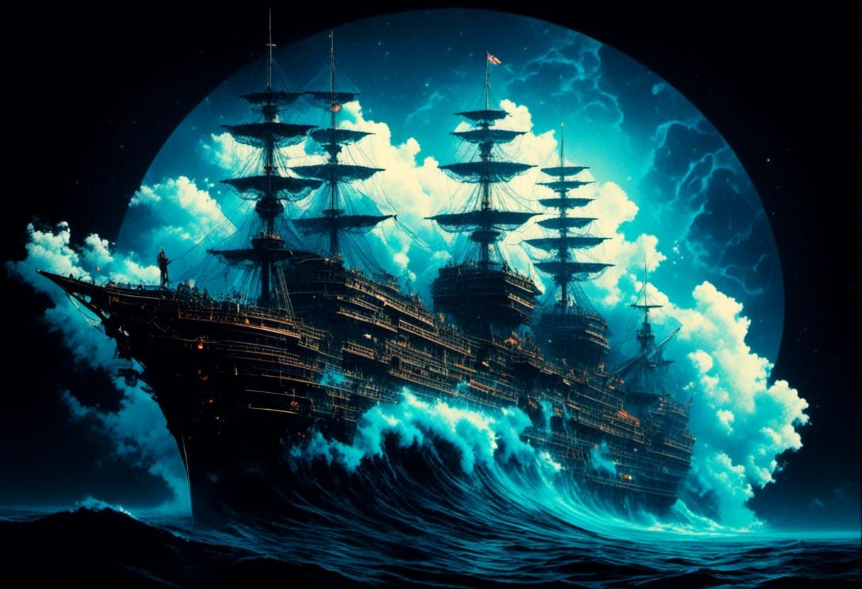 Neon Galactic Pirate Ship Double Exposure Art