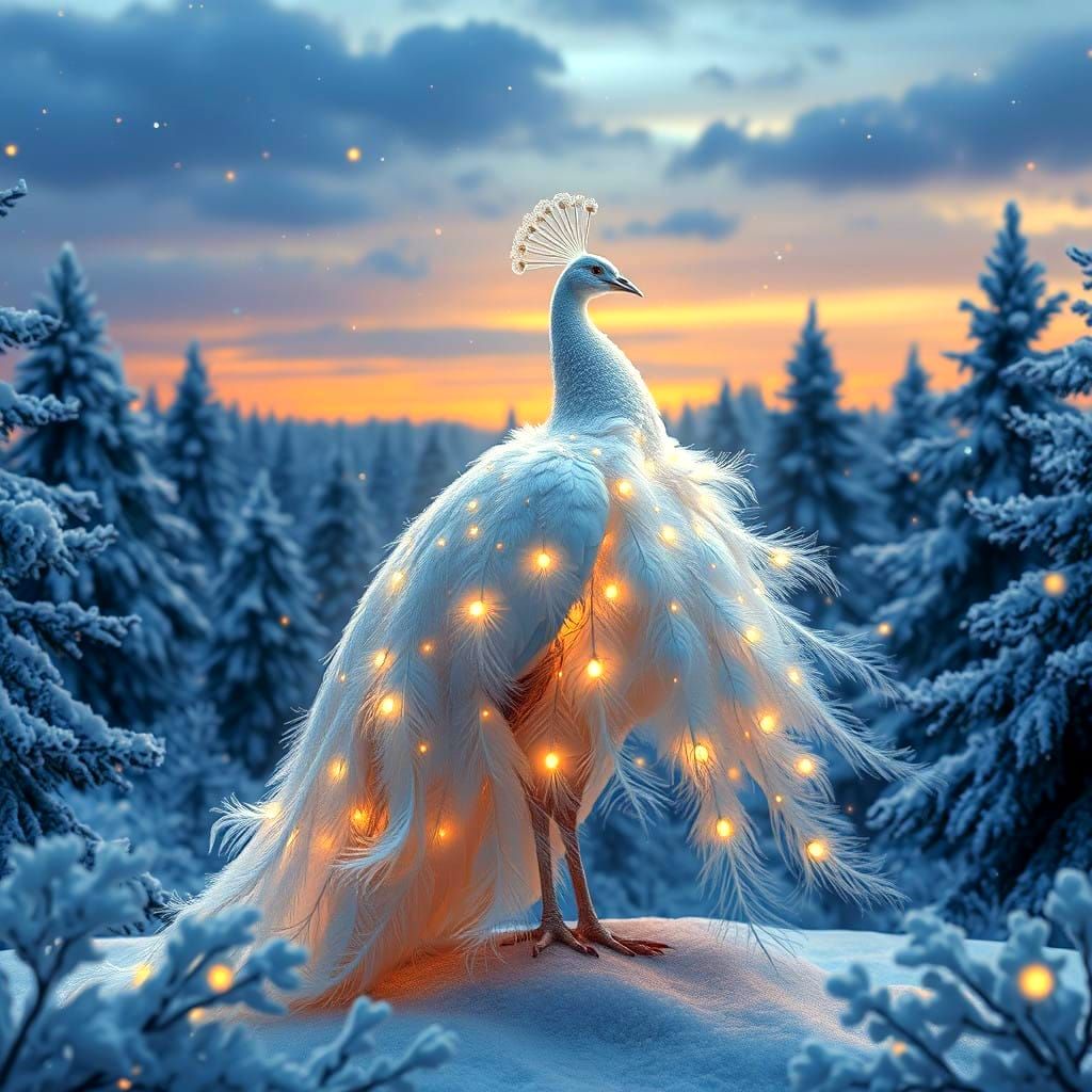 Ethereal White Peacock in Winter Enchanted Forest