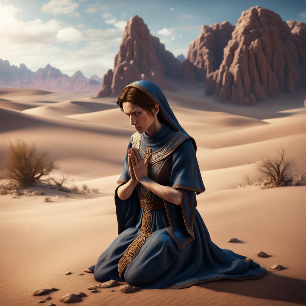 Mary Magdalene Praying in Desert Landscape