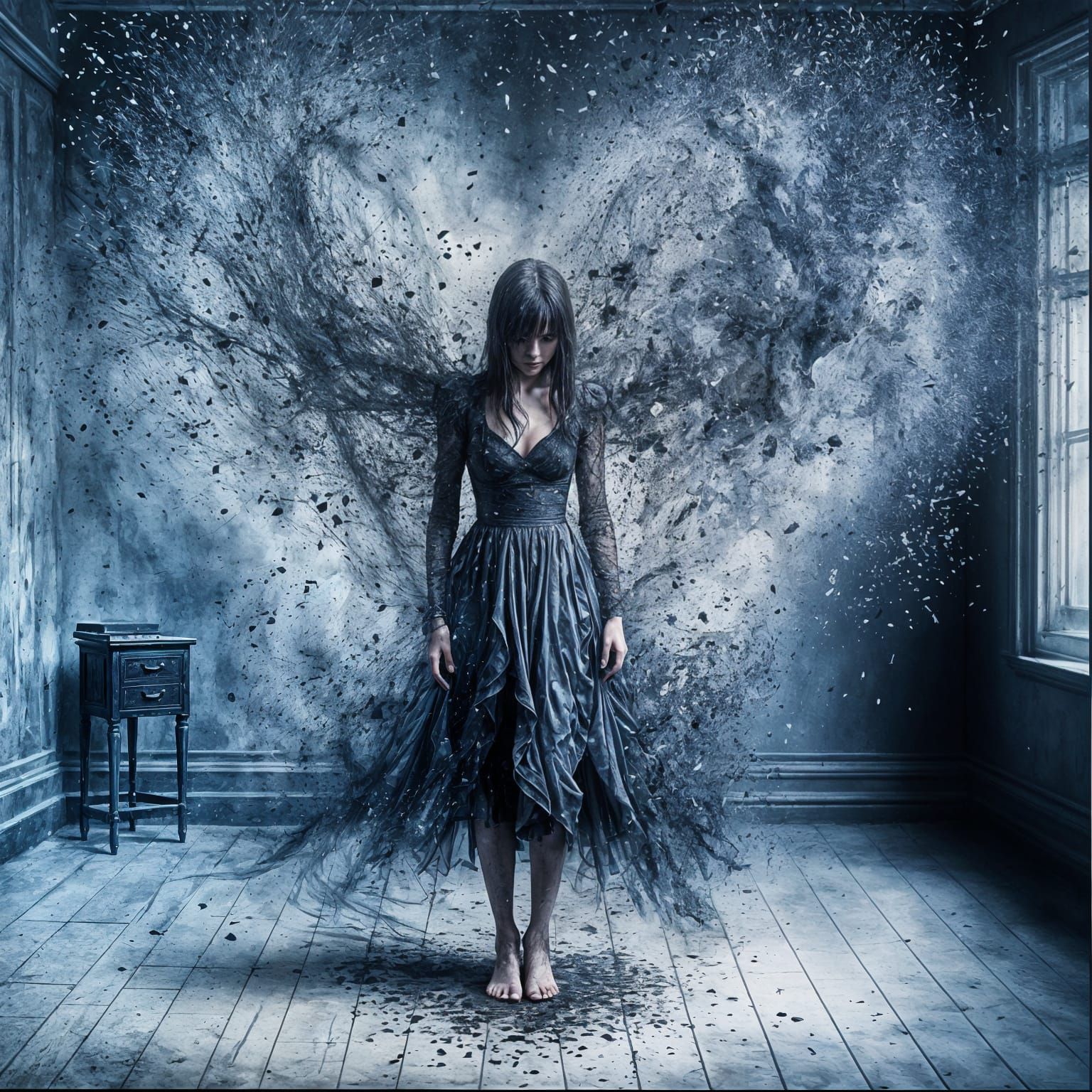 Eerie Woman in Frozen Room of Cosmic Disintegration