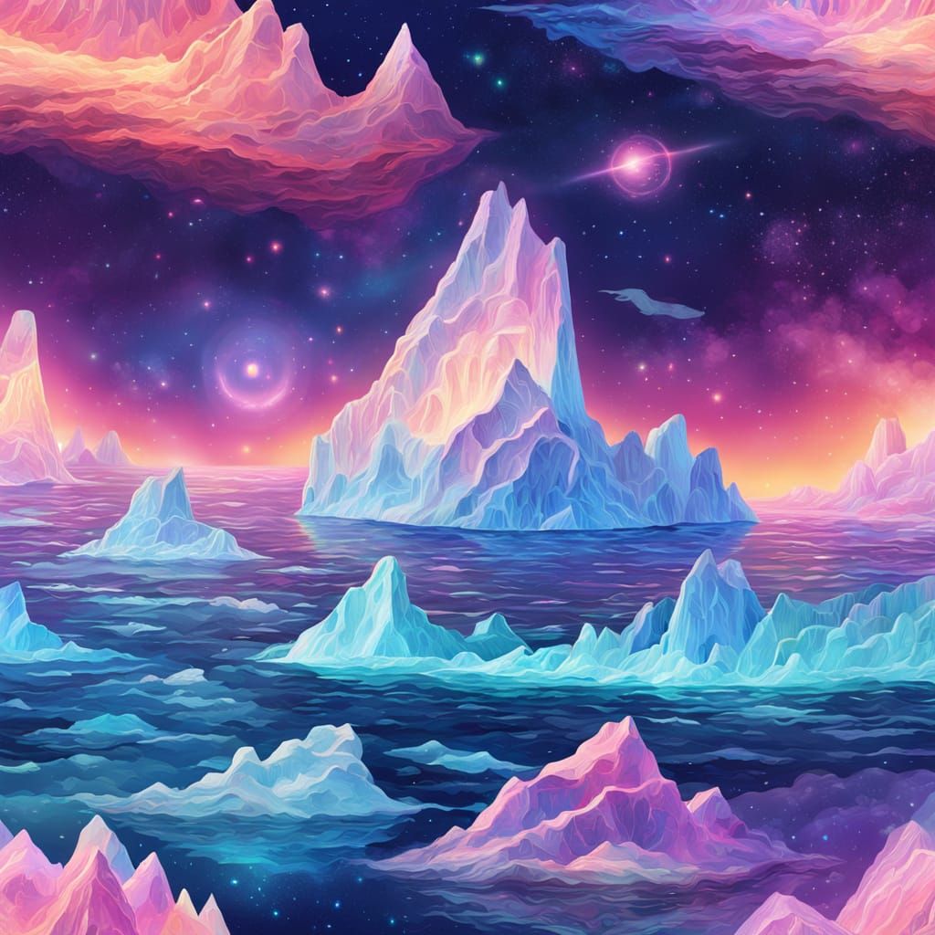 Astral Icebergs Under Aurora Borealis in Cosmic Art Style