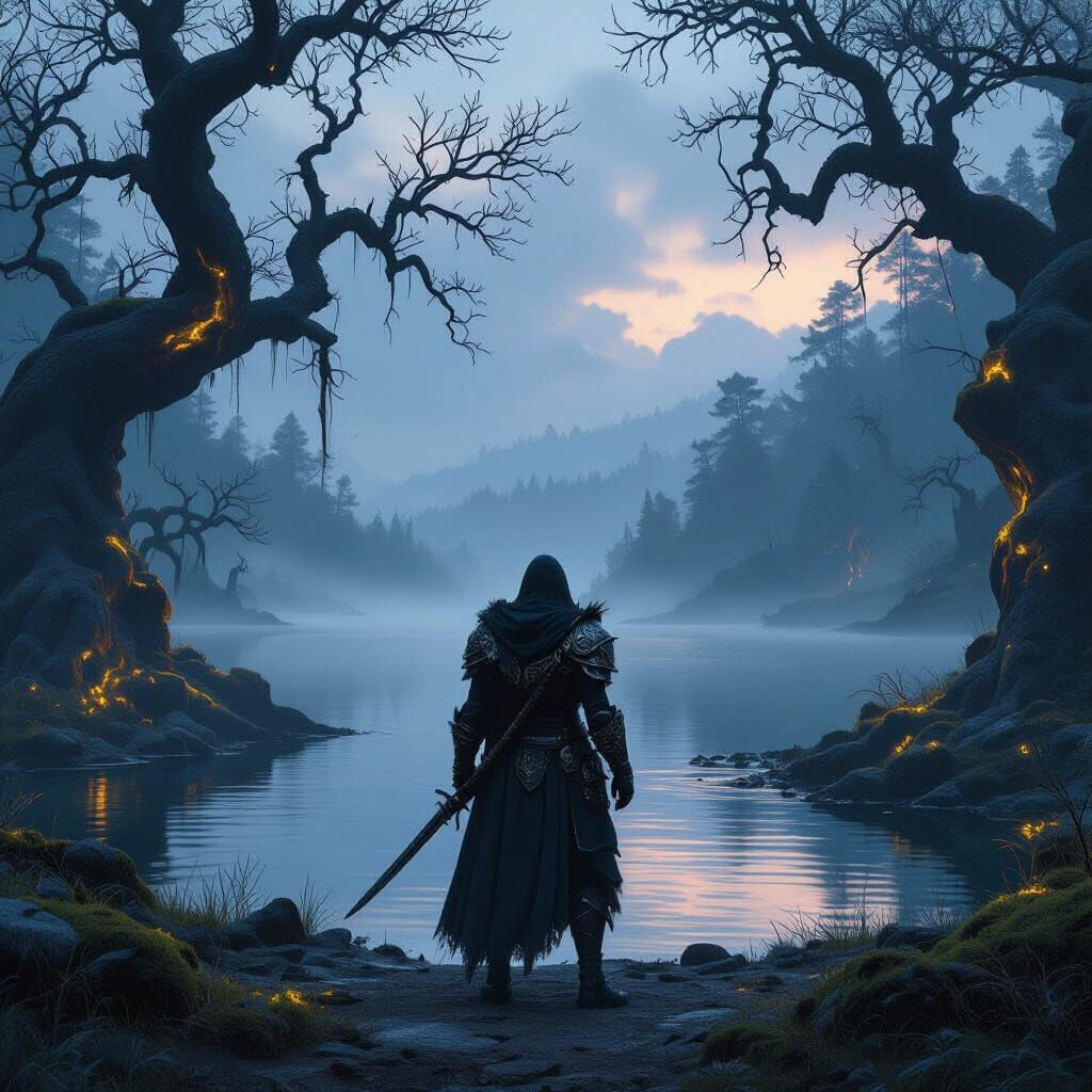 Dark Fantasy Warrior at Twilight Lake
