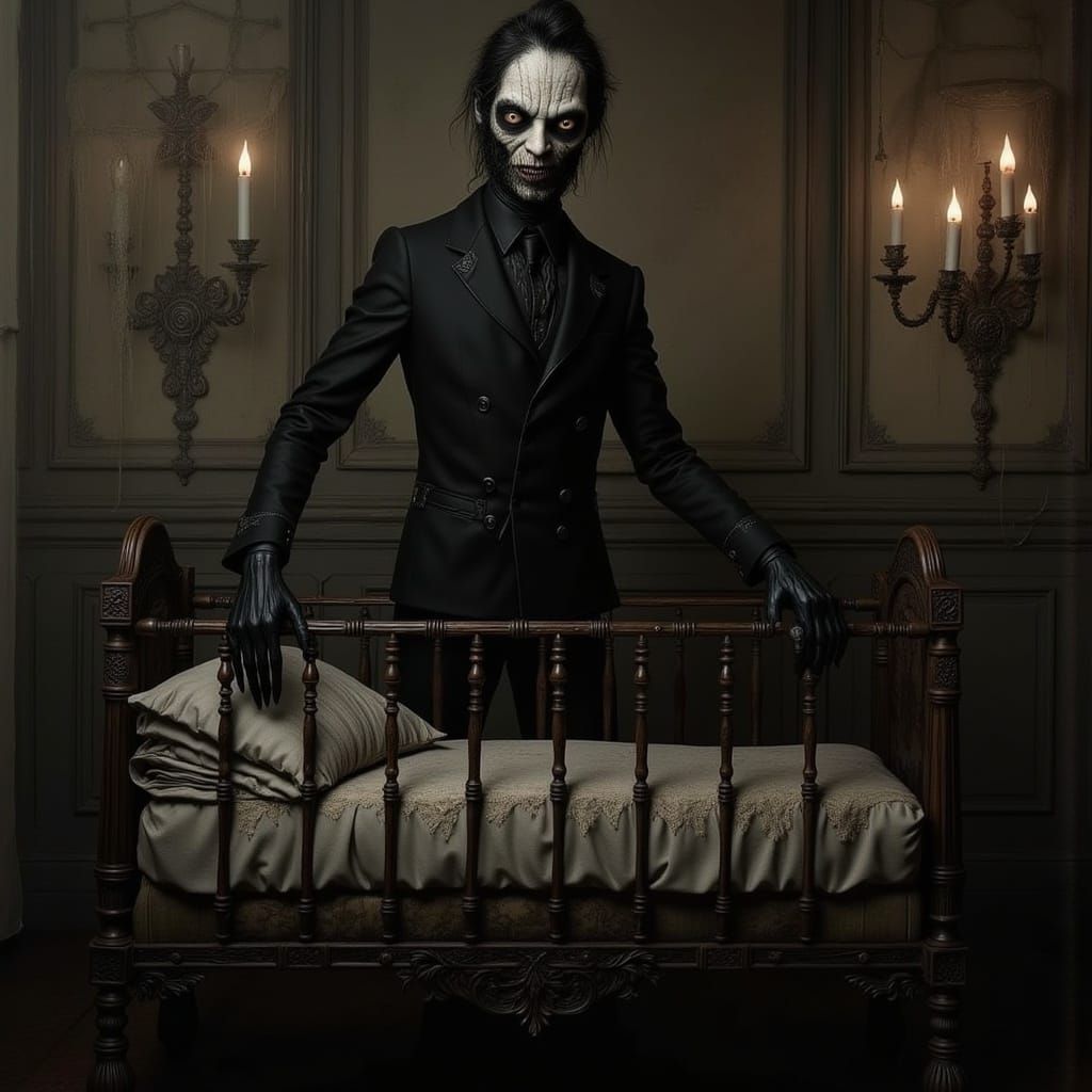 Ethereal Victorian Gothic Figure with Dark Eyes and Empty Ba...