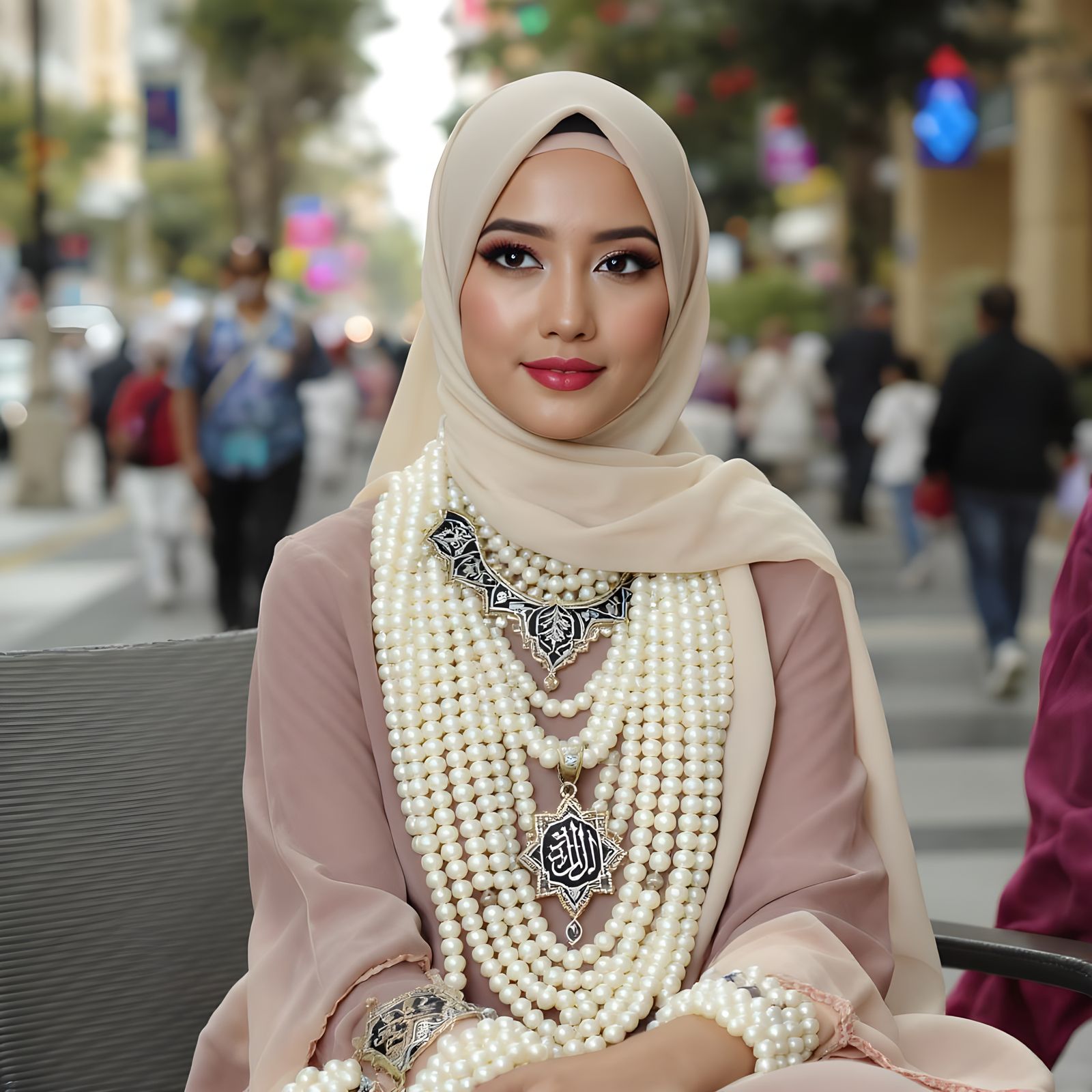Elegant Hijab with Pearl Jewelry in Public Space
