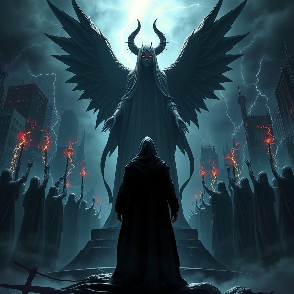 Dark Fantasy: Worshippers Before the Shadow Statue