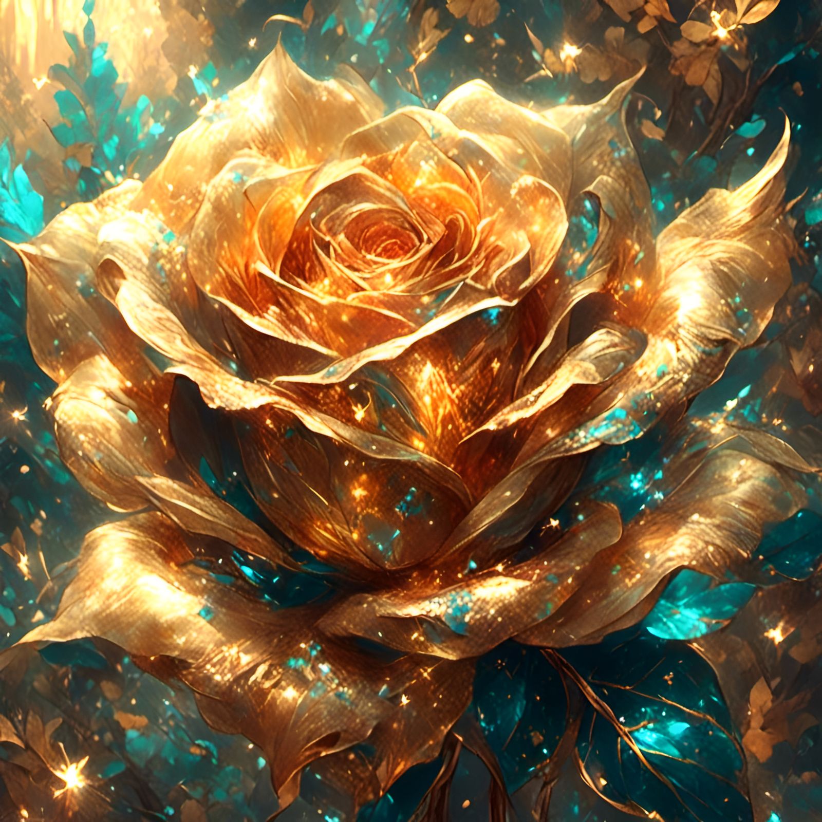 Golden Metal Rose with Sparkling Light Particles