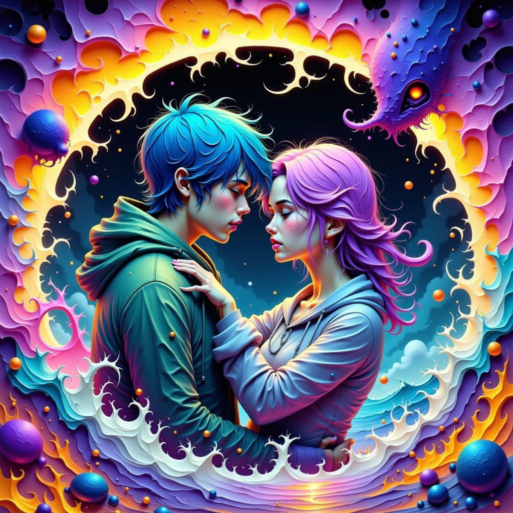 Couple Embracing Amidst Elemental Forces