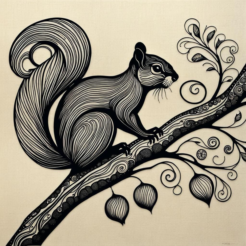 Elegant Ink Drawing of Squirrel on Branch