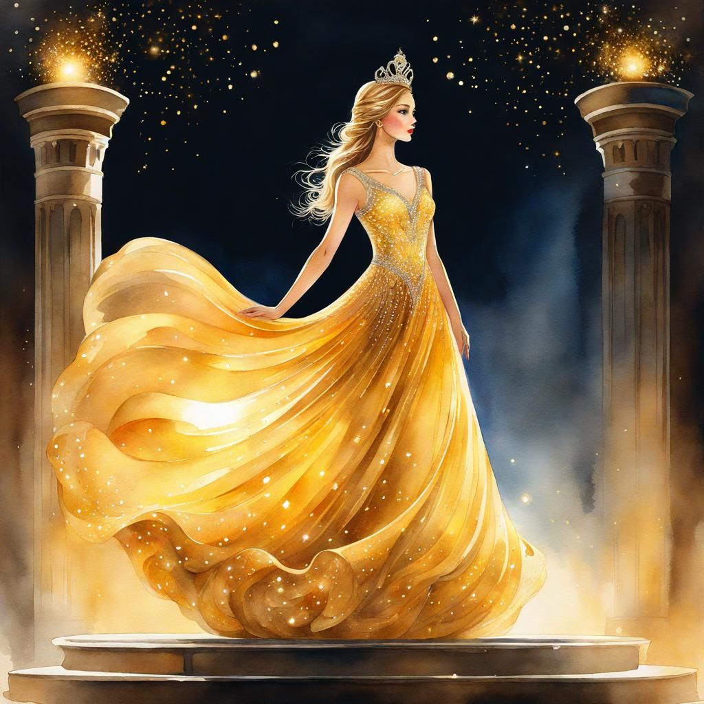 Princess in Golden Dress: Watercolor Art
