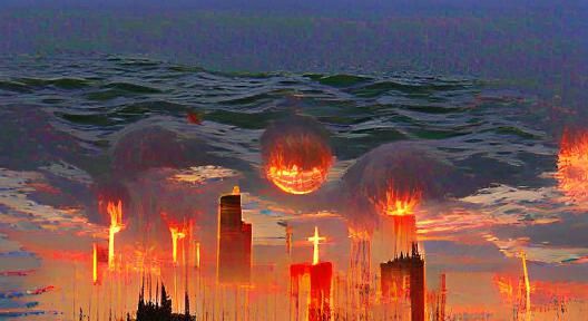 Angel of Death Over Fiery City at Sunset