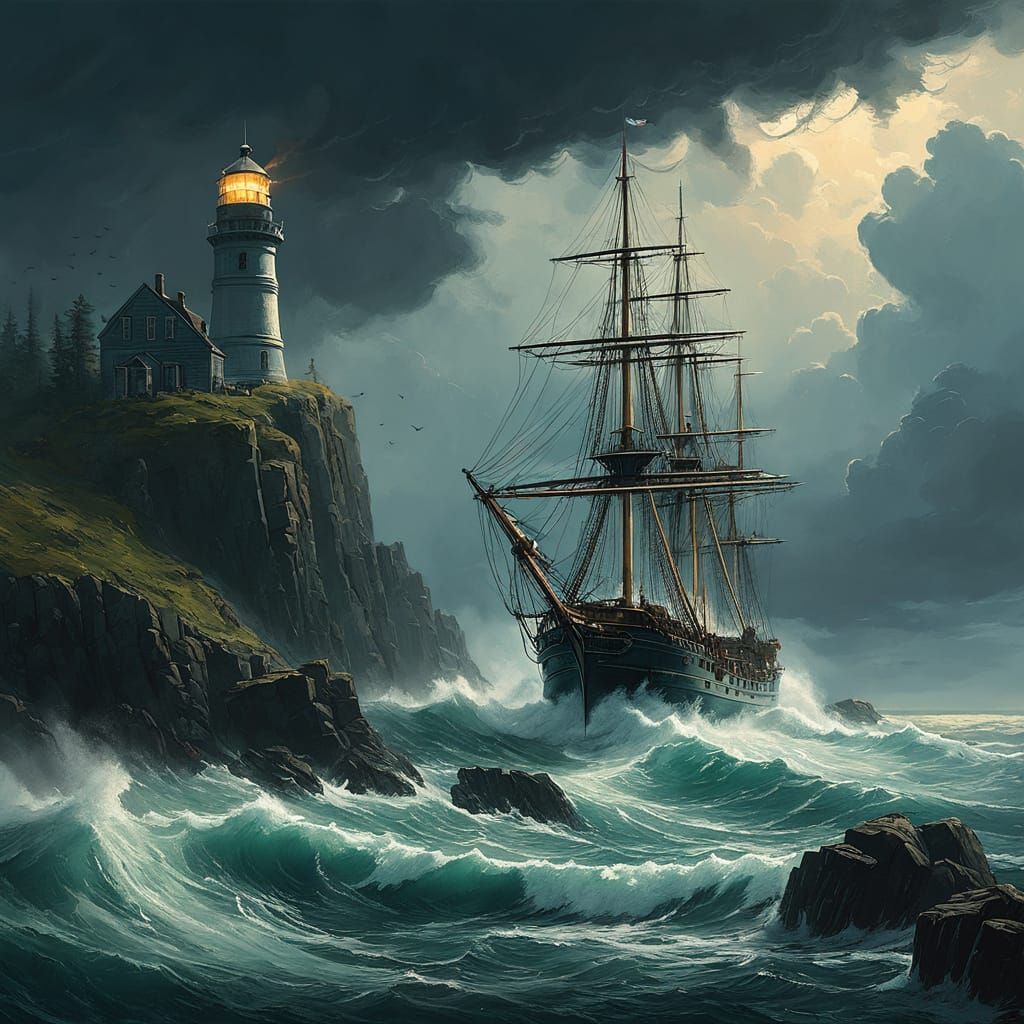 Majestic Lighthouse Standing Tall in Turbulent Stormy Weathe...
