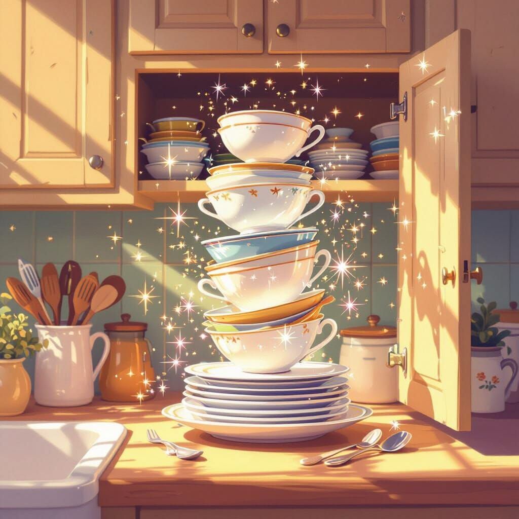 Enchanted Pixie Dust Stacks Dishes in Whimsical Kitchen