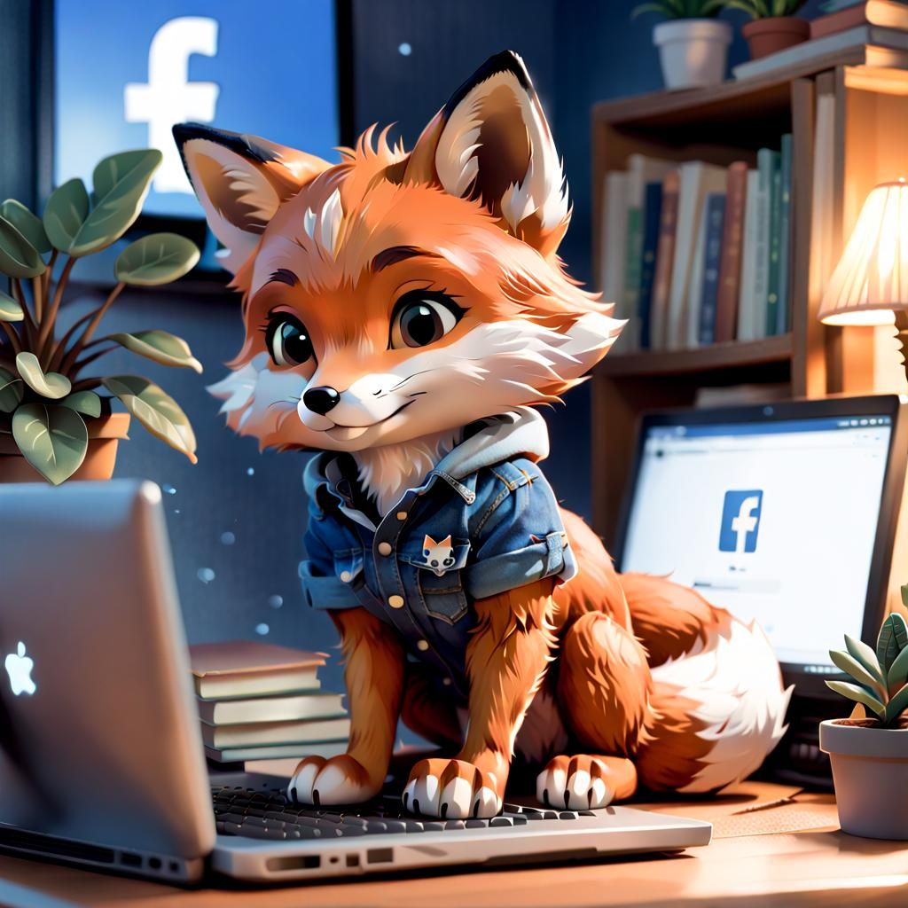 Chibi Fox Addicted to Facebook, Digital Illustration