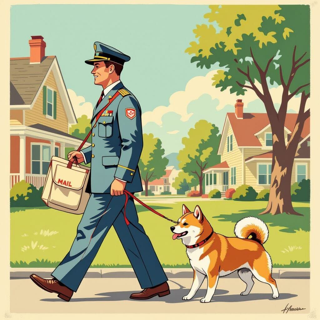 Mailman and Shiba Inu in 1950s Poster Style