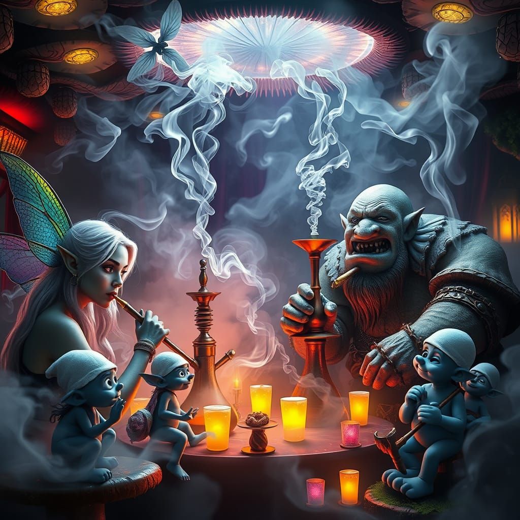 Hyperrealistic Close-up of Enchanted Mushroom Bar's Smoky In...