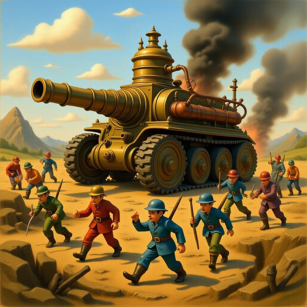 Toy Soldiers Battle Steampunk Tank in Painterly Style