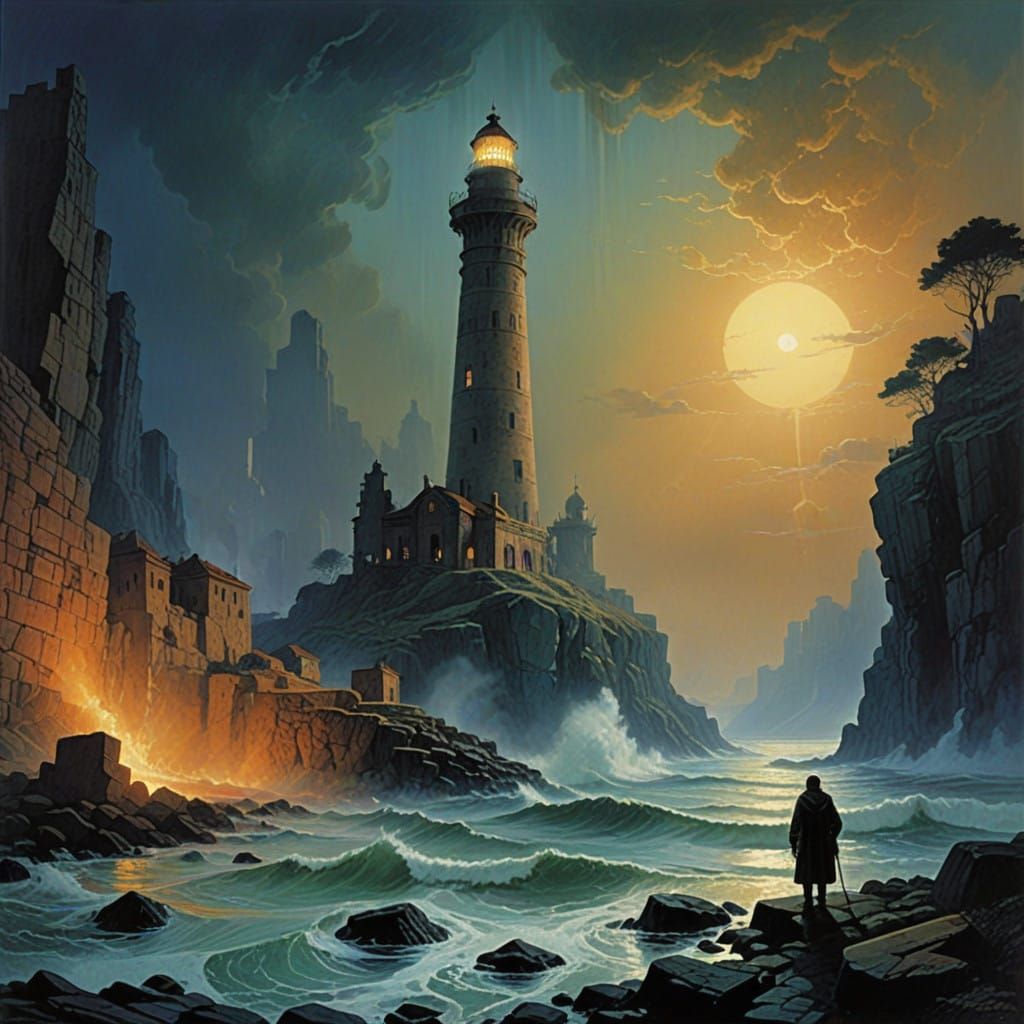 Ethereal Great Lighthouse of Alexandria in Whimsical Gouache...