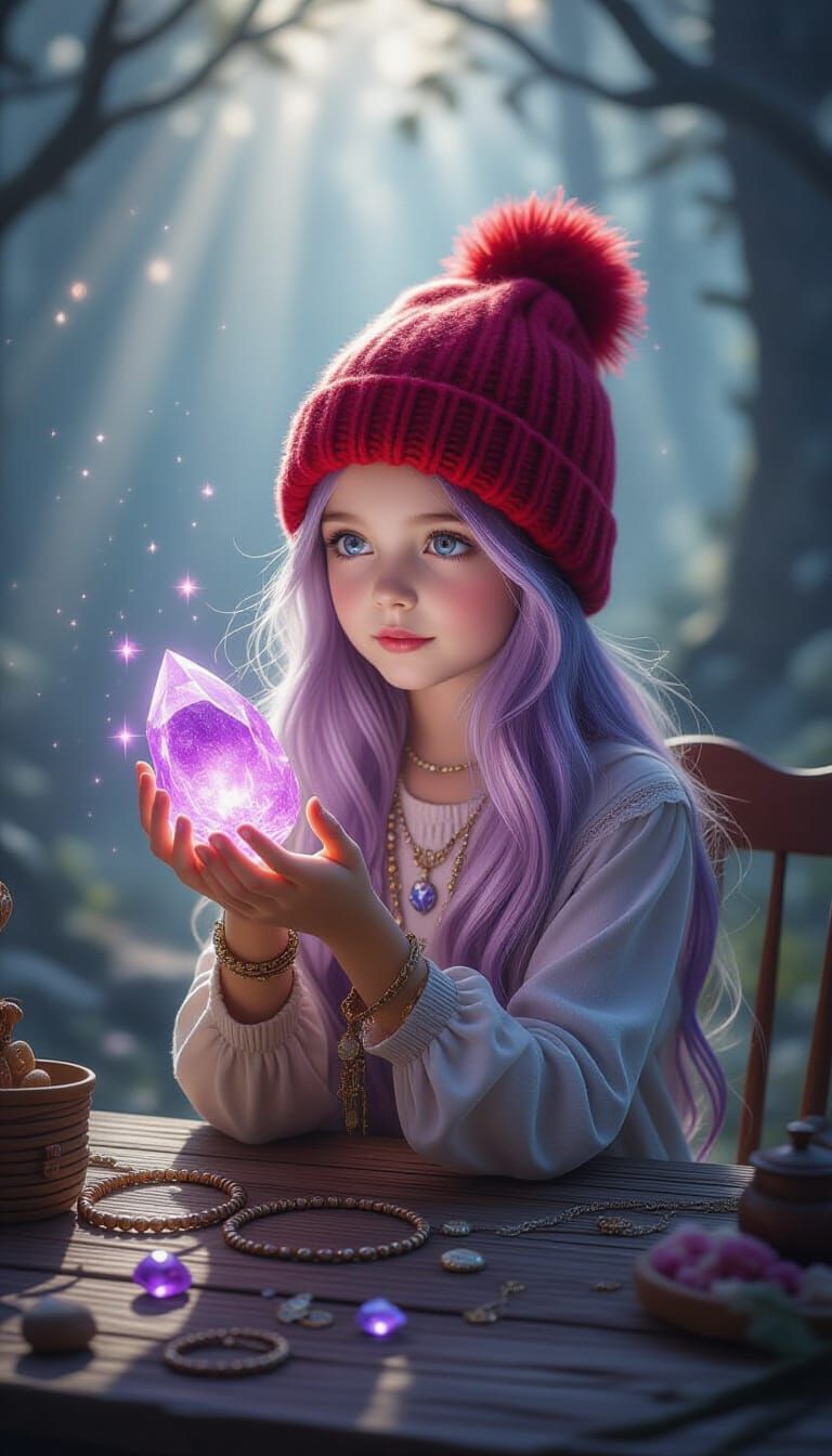 Enchanted Girl with Lavender Hair in Mystical Forest