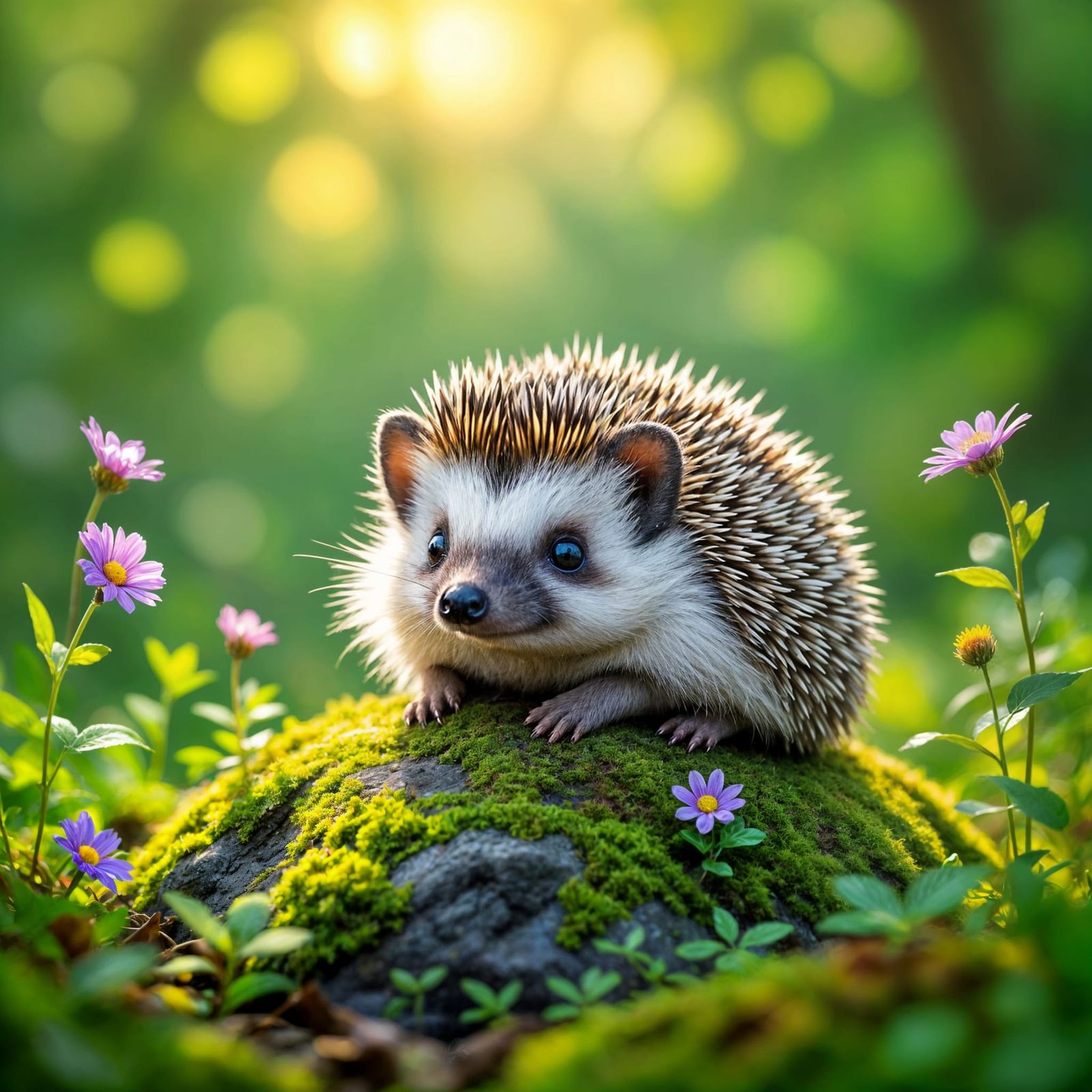 Whimsical Hedgehog in Sun-Dappled Forest Glade