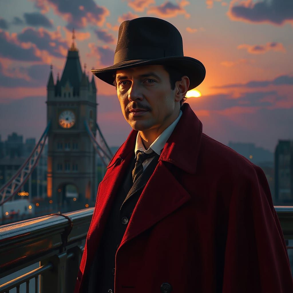 Sherlock Holmes Portrait on London Bridge at Sunset