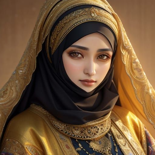 Muslim Woman in Hijab Portrait with Metallic Embroidery