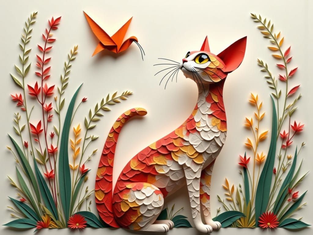Cat Holding Origami Crane in Papercut Style