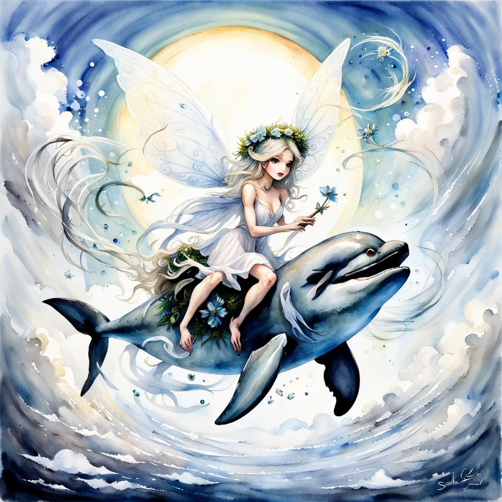 Fairy and Dolphins Watercolor Concept Art
