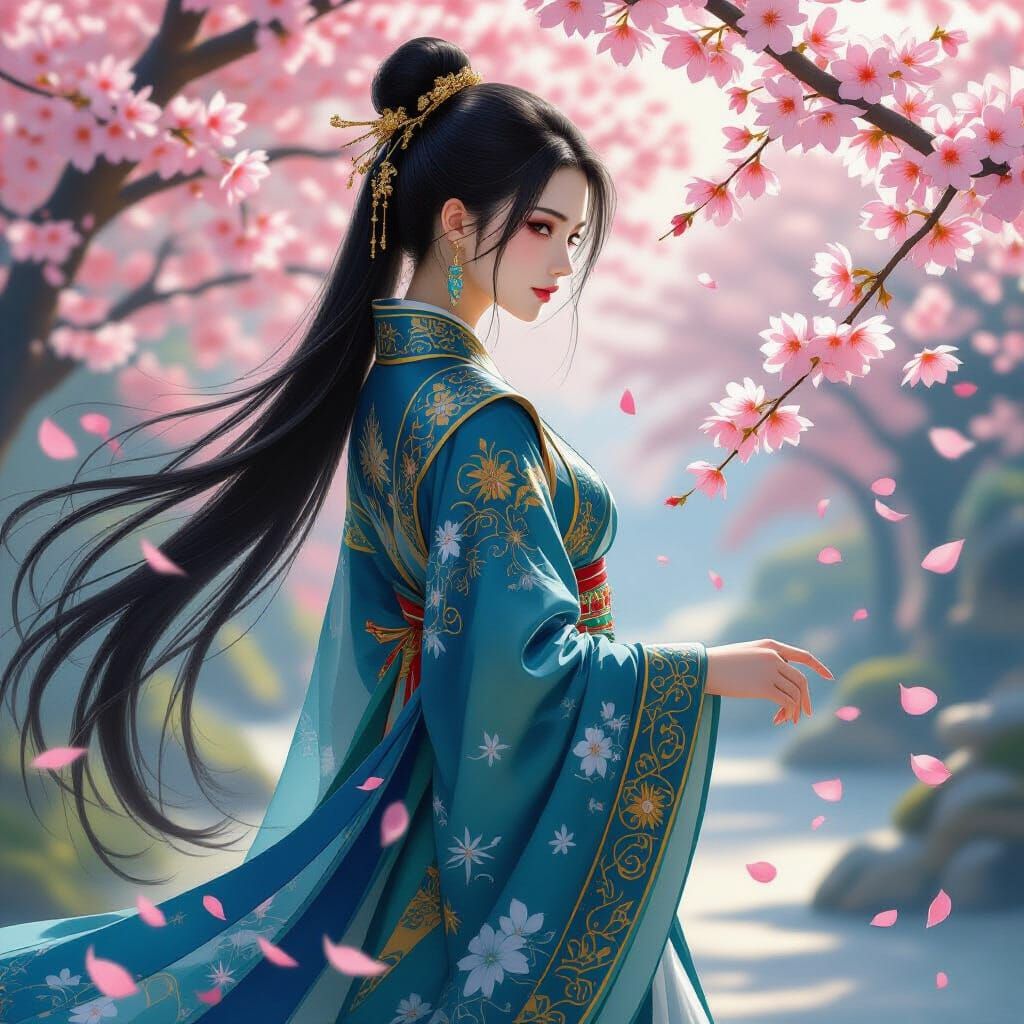 Woman in Silk Robe Among Cherry Blossoms