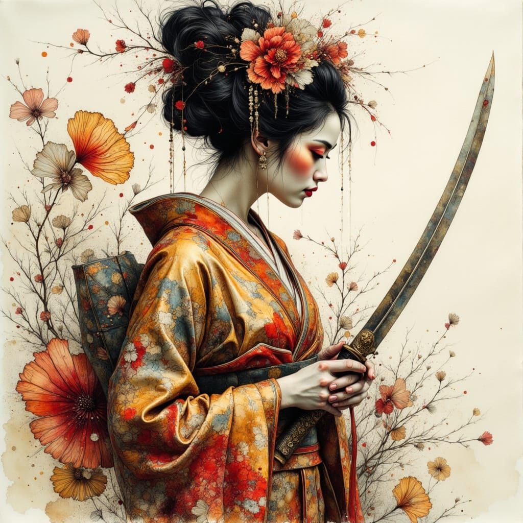 Geisha with Katana in Expressive Ink Style