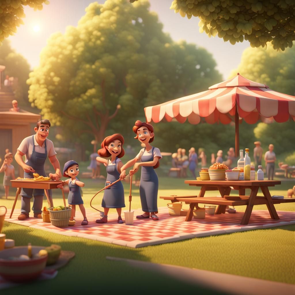 Family Cleaning Up Picnic Area: 3D Digital Art