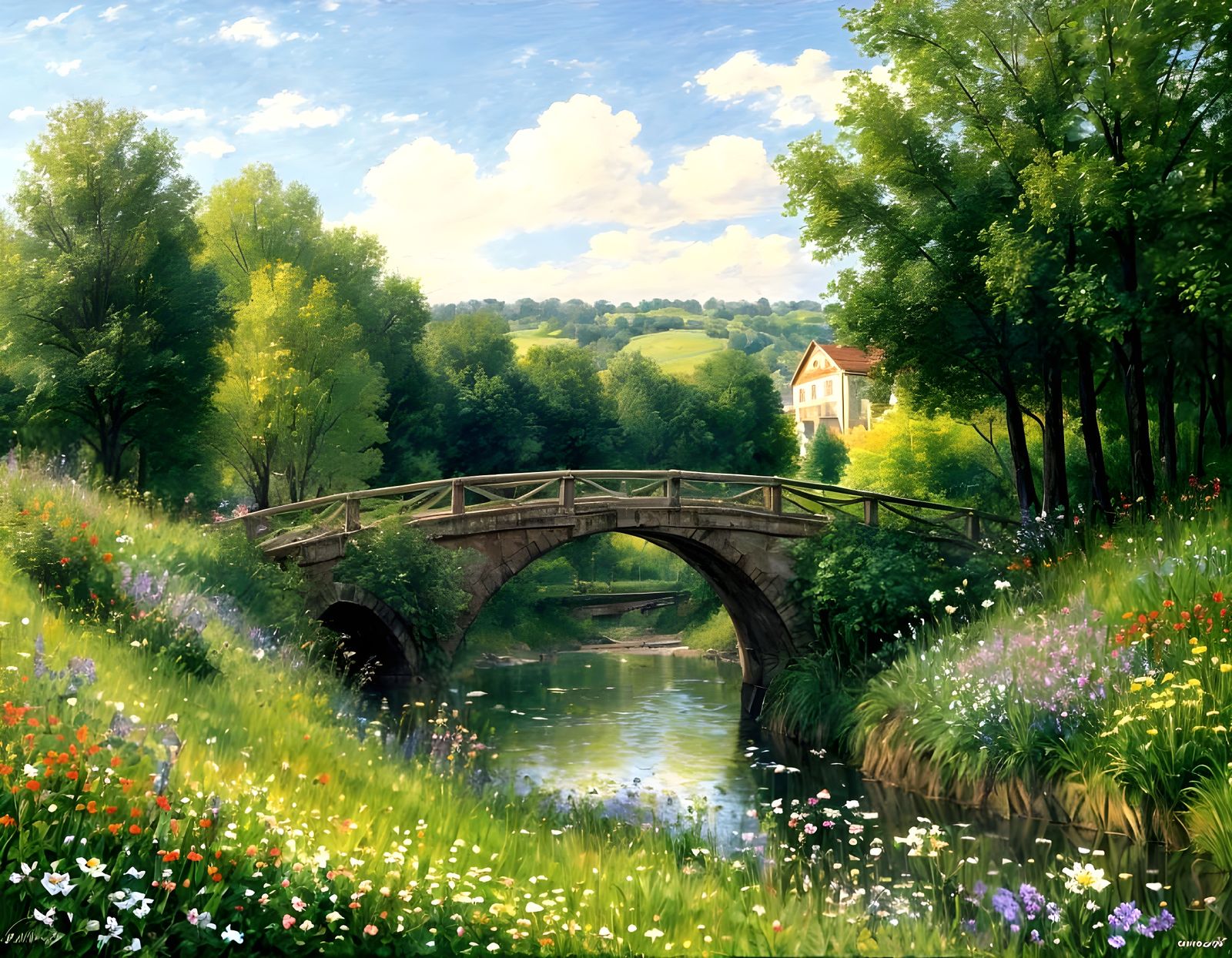 Aliens Picnic in Flower Field as Impressionist Painting