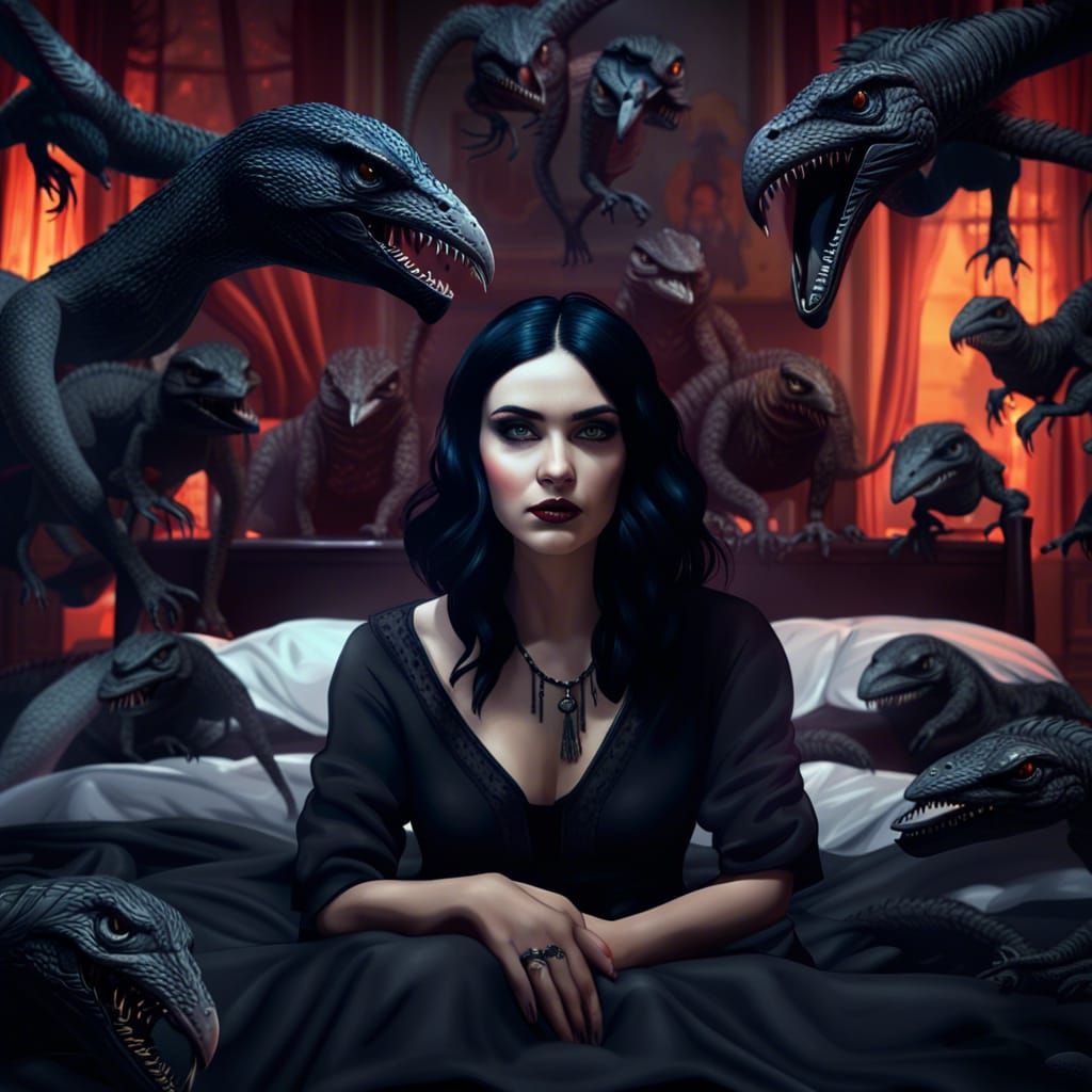 Gothic Girl Surrounded by Velociraptors in Noir Style