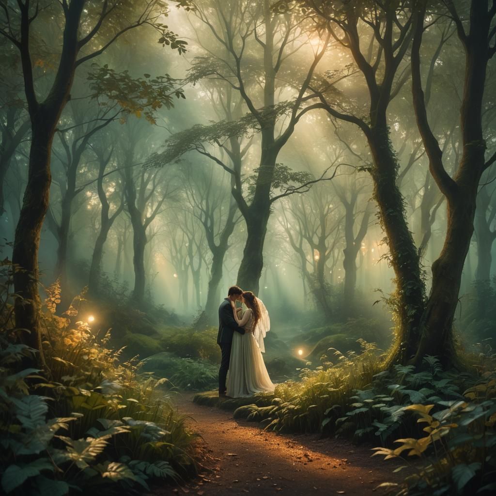 Ethereal Lovers in Mystical Forest Landscape