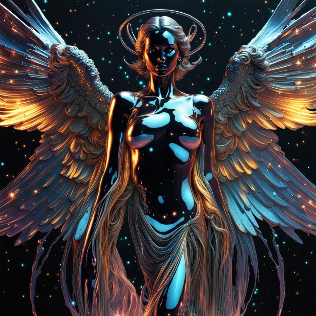 Liquid Chrome Angel: Cosmic Splash Art Portrait