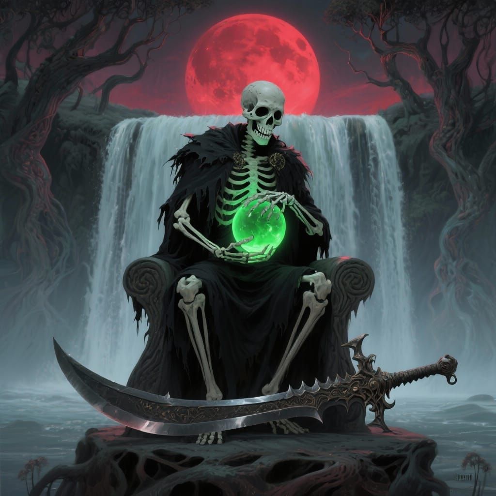 Skeletal Warlord with Glowing Orb on Carved Throne