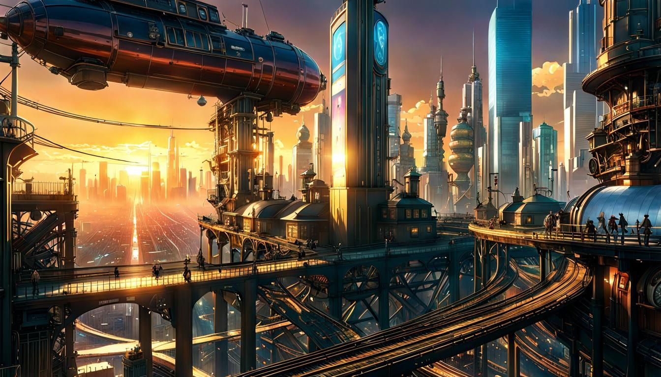 Steampunk Metropolis Sunset in Anime Style