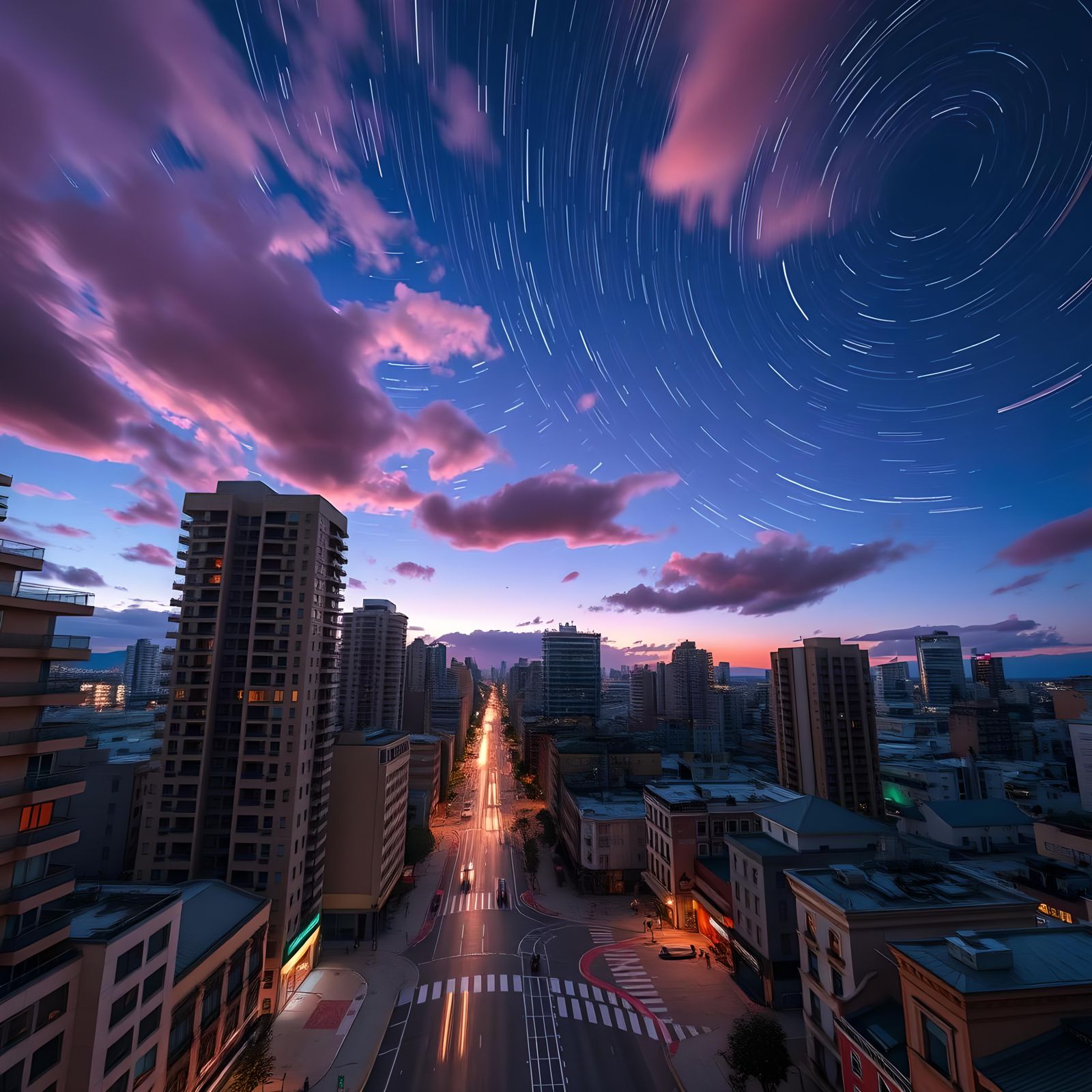 Star Trails Over a Topsy-Turvy Cityscape