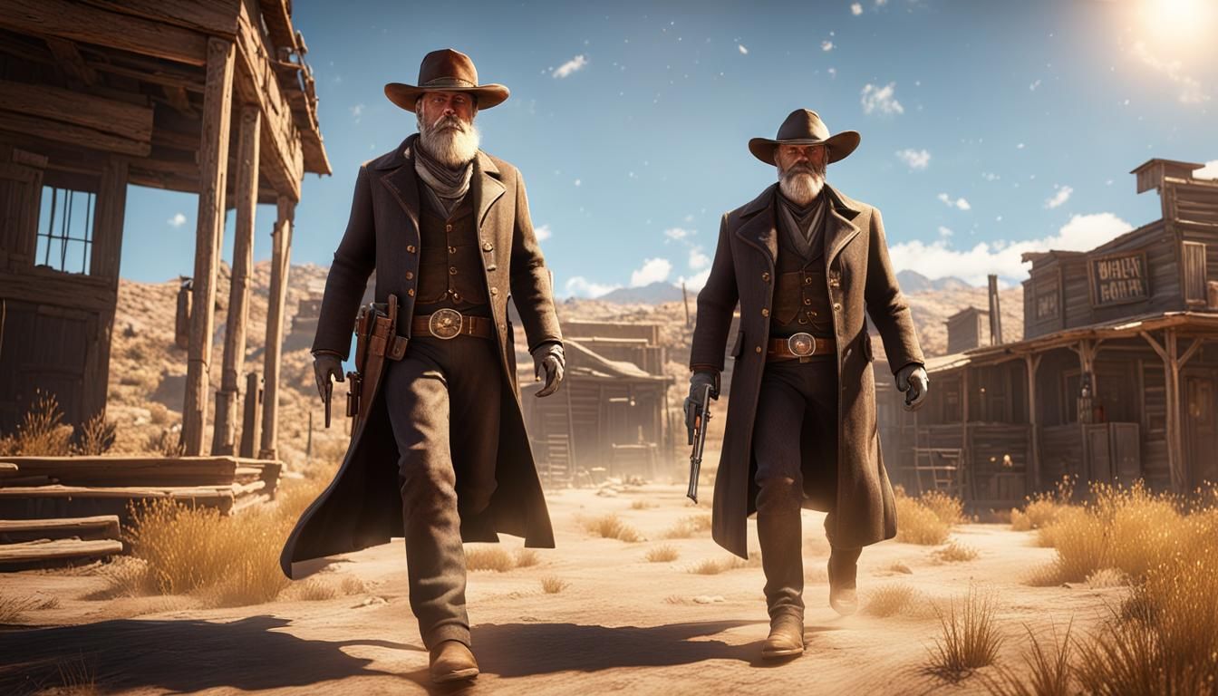 Duel at high noon old grizzly sherif, long white beard, sheriff star glistening in the sun.