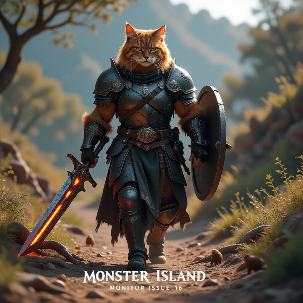 Cat Warrior in Armor with Glowing Sword and Shield