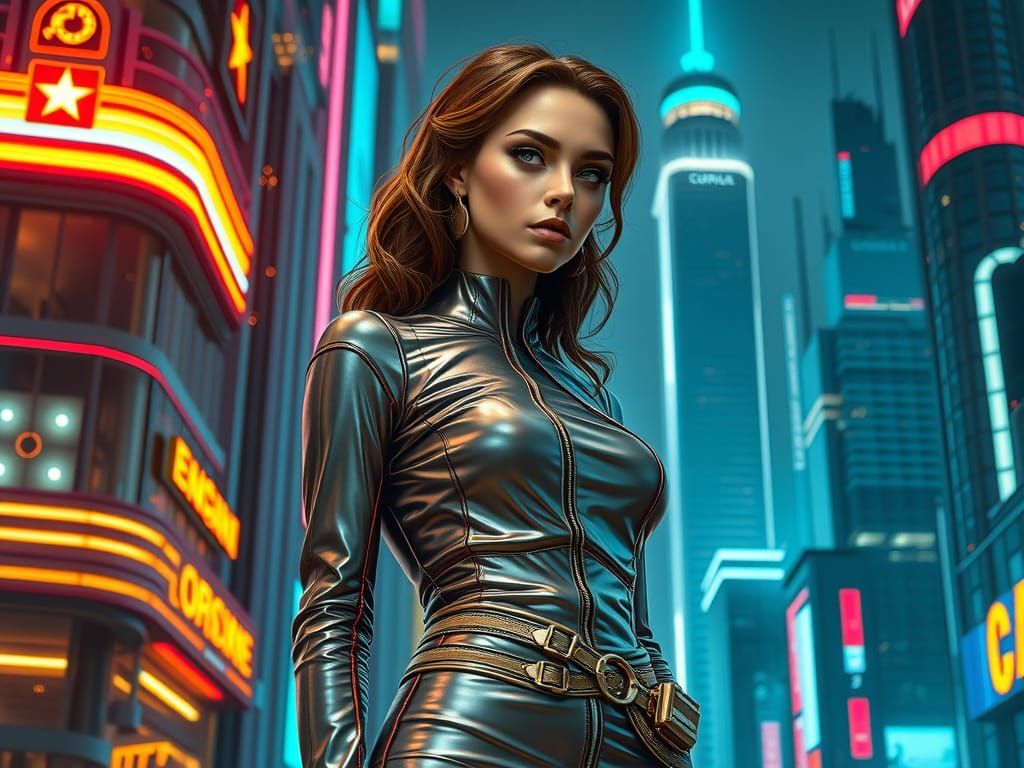 Futuristic Woman in Neon City, Digital Matte Painting