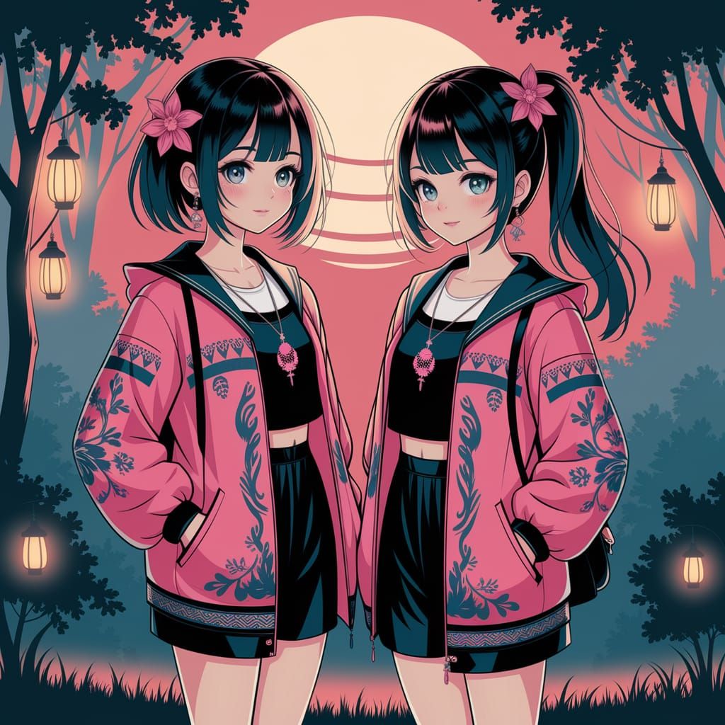 Anime Girls Silhouetted at Sunset