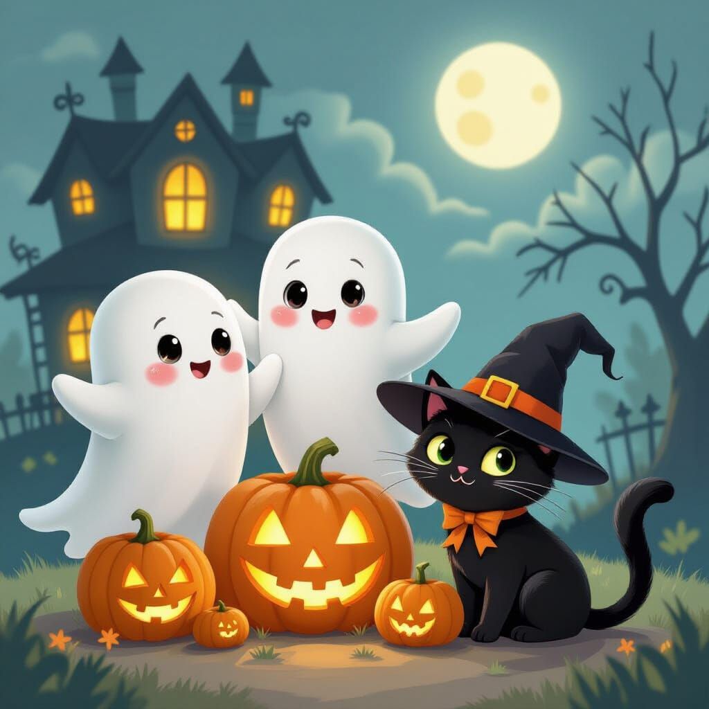 Whimsical Halloween Scene with Friendly Ghosts and Pumpkins