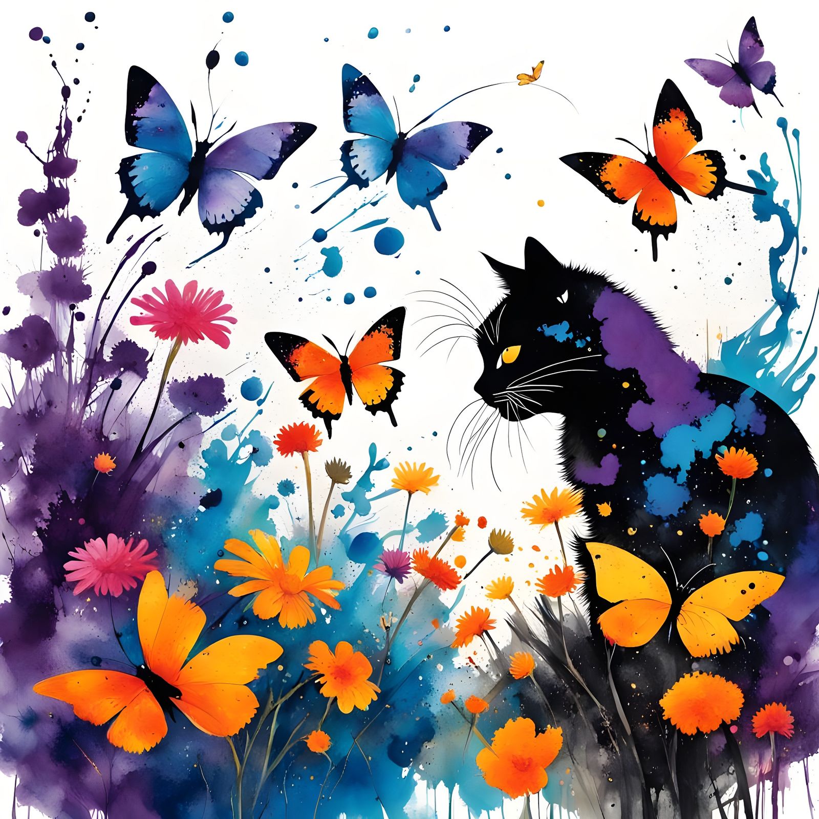 Vibrant Abstract Cats Play Among Flowers