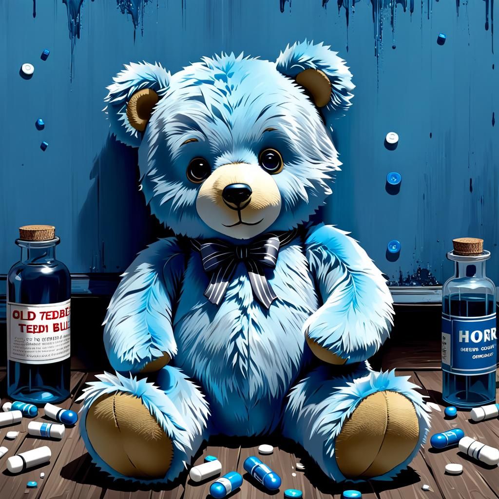 Scary Blue Teddy Bear in Monochromatic Oil Painting